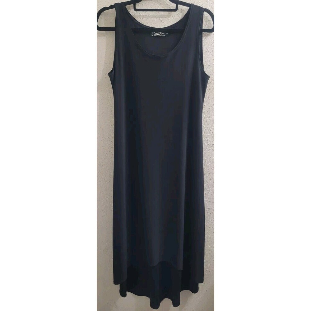 Sympli Sz 8 Slinky Stretchy Lagenlook Black Tank Sleeveless High Low Midi Dress